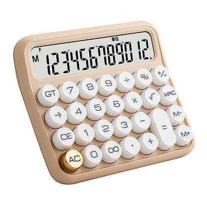 Large LCD Display Calculator, Big Button 12 Digit Mechanical Desktop Calculator with Anti Slip Bottom Pad, Removable Keycaps, Auto Shutdown Function for Office (Milk Tea Color)