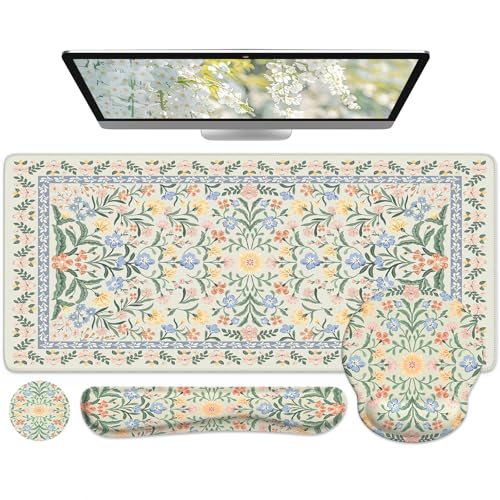 iCasso Green Desk Pad Mat, Large Mouse Pad and Keyboard Wrist Rest Set, Desk Protector Mat,4in1 Ergonomic Carpal Tunnel Keyboard Pad with Wrist Support for Desktop Cover Home Office Computer - color: Green Vine Flowers