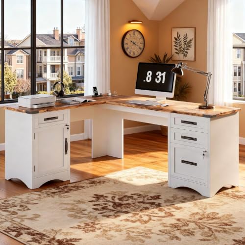 Decofy 67" Farmhouse L Shaped Standing Desk with Drawers Home Office Executive Desks with Fast Charging Station, Lockable File Cabinet, Wood Writing Computer Desk for Work, Study, White - color: White, size: 67"