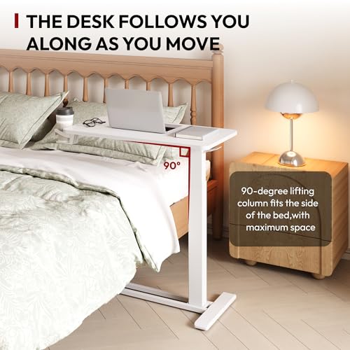 SANODESK 28''Mobile Standing Desk with Hidden Wheels,Pneumatic Laptop Desk | Sofa Computer Cart Movable Height Adjustable Table Small Sit Stand Desk for Home Office Hospital Use,27.6" W x 15.7" D,White - color: White, size: 28x16