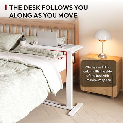 SANODESK 28''Mobile Standing Desk with Hidden Wheels,Pneumatic Laptop Desk | Sofa Computer Cart Movable Height Adjustable Table Small Sit Stand Desk for Home Office Hospital Use,27.6" W x 15.7" D,White - color: White, size: 28x16