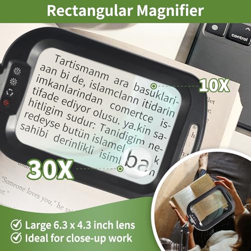 ‌10X 30X Large Square Magnifying Glass with Light and Stand/Clamp | 60 LED Lighted Magnifier, Hands Free 360° Rotatable Desk Lamp for Close Work Reading Craft Hobby Painting Sewing
