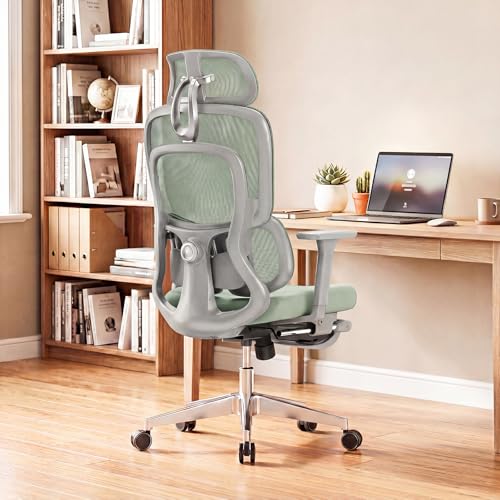 Green Ergonomic Office Chair with Mesh Back & Footrest | High back chair with dynamic lumbar support, 4D armrests, adjustable headrest and 135° recline for work or gaming - color: Green