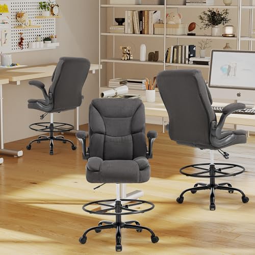 500LBS Drafting Chair, High Back Safer Standing Desk Chair, Executive Tall Office Chair with Flip-up Armrests, Upholstered Fabric Task Chair, Ergonomic Seat with Adjustable Height&Foot Ring, Dark Gray - color: Dark Gray