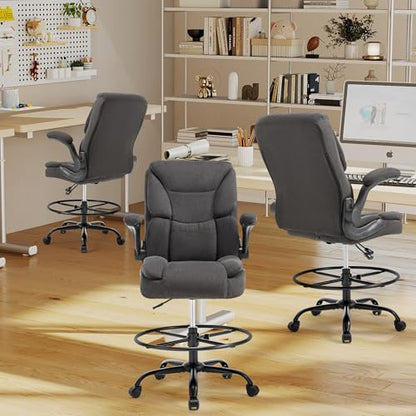 500LBS Drafting Chair, High Back Safer Standing Desk Chair, Executive Tall Office Chair with Flip-up Armrests, Upholstered Fabric Task Chair, Ergonomic Seat with Adjustable Height&Foot Ring, Dark Gray - color: Dark Gray