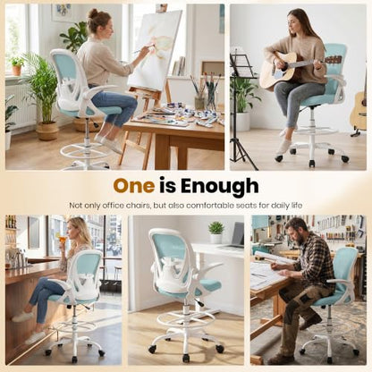 Primy Drafting Chair Tall Office Chair with Flip-up Armrests Executive Ergonomic Computer Standing Desk Chair with Lumbar Support and Adjustable Footrest Ring（Light Blue） - color: Light Blue, size: 934-Z