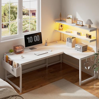 DurayLoly White L Shaped Desk with LED Light & 5 Power Outlet for Gaming | 41 Vivid Lighting Modes LED of Gaming Desk; Built-In Charging Hub (3 AC+2 USB) Charges 5 Devices to Tidy Gaming Station,White - color: White, size: 43Inch