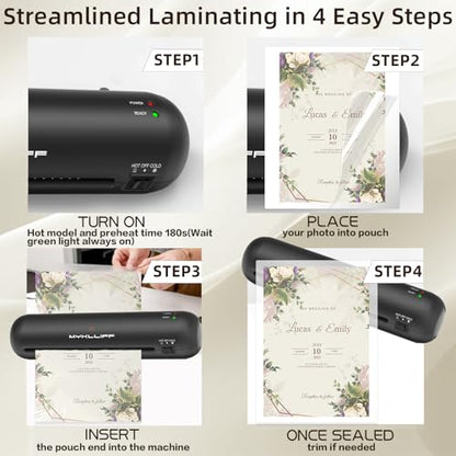 Laminator Machine 9-Inch Portable Thermal Laminater with Hot & Cold Modes, A4 Small Laminating Machine with ABS Jam-Release, 3-Min Warm-Up, 6-in-1 Photo Laminadoras Kit for Classroom, Black