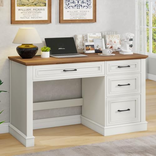 Vabches Farmhouse 47" Executive Desk with Charging Station, Unique White | Computer Desk with Drawers, Workstation Computer Desk with File Drawer for Home Office,Study. - color: Unique White