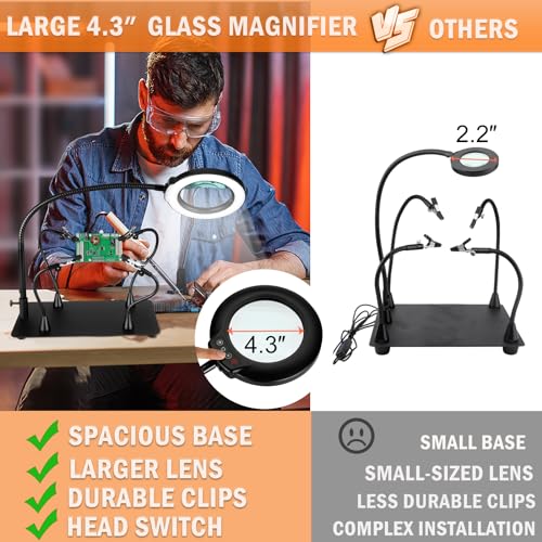 Soldering Helping Hands 12X Magnifying Glass with light and Stand PCB Holder, Drdefi Soldering Station Third Hand Tools Magnifier with Thickening Alligator Clip Large Magnetic Base for Repairing - size: Large Base