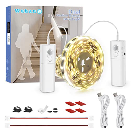 WOBANE 16.4ft Dual Motion Sensor Stair Lights Strip, Rechargeable LED Strip | 150 LEDs Cuttable Tape Lighting for Hallway,Under Cabinet,Cupboard,Shelves,Gun Safe,Flexible,6000K White - color: White, size: 16.4ft White