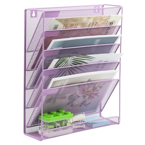 Desk File Organizer Mesh 6 Tier, Hanging Wall Mount Document Organization Stand, Desktop Vertical Mail Paper Folder Holder Rack with Bottom Tray for Office Home Cubicle, Light Purple - color: Light Purple, size: 6 Tier