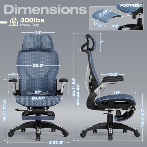 ELABEST X100 Ergonomic Mesh Office Chair with Footrest, Big and Tall Home Desk Chair with 5D Flip-Up Arms, Adjustable 3D Lumbar Support, Gaming & Executive Computer Chair (Oaxaca Blue) - color: Oaxaca Blue
