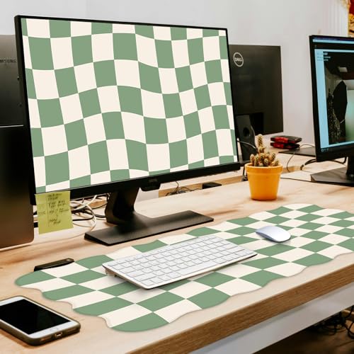 L-SPOUTTO Green Mouse Pad,Geometric Desk Mat XXL Large Scalloped Gaming Mousepad,35.4x15.7in Non-Slip Rubber Base Keyboard Pad Waterproof Desktop Mat for Laptop Computer Game Home Office-Checkered - color: Green Checkered