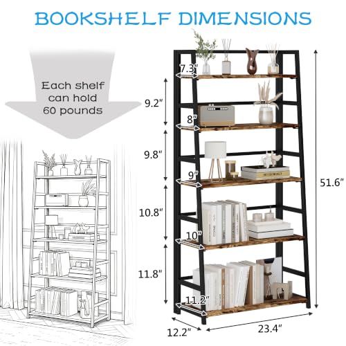 JSB 5 Tier Bookshelf, No Assembly Folding Ladder Bookshelf, 51.6in Tall Foldable Ladder Shelf, Bookcase for Home Office, Living Room,Space-Saving (Rustic & Brown, 5 Tier) - color: Rustic & Brown