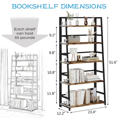 JSB 5 Tier Bookshelf, No Assembly Folding Ladder Bookshelf, 51.6in Tall Foldable Ladder Shelf, Bookcase for Home Office, Living Room,Space-Saving (Rustic & Brown, 5 Tier) - color: Rustic & Brown