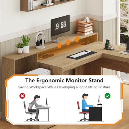 63" Fluted L Shaped Desk with Drawers & Printer Shelf for Home Office - color: Oak