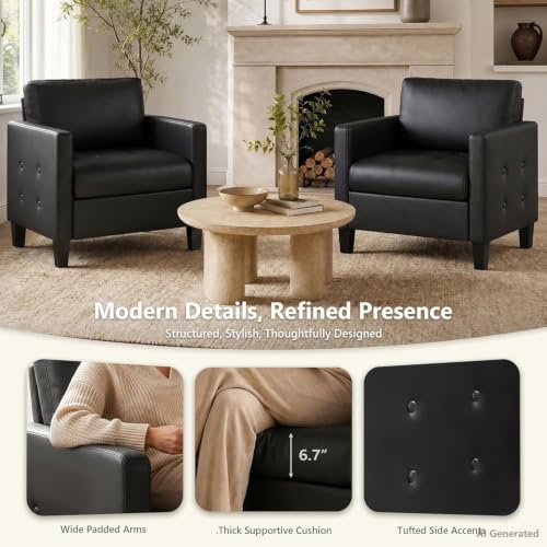 Black Accent Chairs Set of 2, Faux Leather Living Room Chair | STHOUYN, Mid-Century Modern, Tufted Armrest and Seat, Cozy, Office, Reading, Waiting Room, Bedroom - color: Black, size: 2