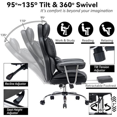 Efomao Big and Tall Office Chair 400lbs – High Back Executive Chair with Swivel Base, PU Leather Upholstery, Lumbar Pillow, Padded Armrests, and Rolling Wheels，Black Computer Chair - color: 3008y Black