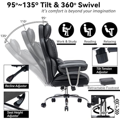 Efomao Big and Tall Office Chair 400lbs – High Back Executive Chair with Swivel Base, PU Leather Upholstery, Lumbar Pillow, Padded Armrests, and Rolling Wheels，Black Computer Chair - color: 3008y Black