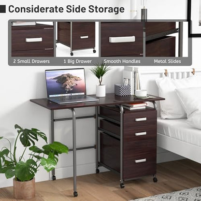 GIANTEX Folding Desk for Small Space, Rolling Home Office Desk with 3 Drawers & Lockable Universal Wheels, Mobile Study Writing Desk for Dorm Apartment Bedroom, Brown - color: Brown