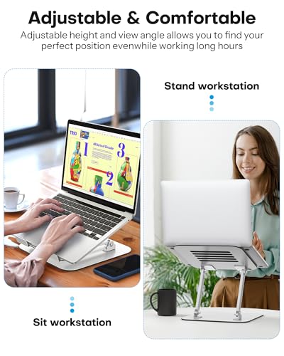 OMOTON Laptop Stand, Adjustable Metal Foldable Riser 10-17.2", Silver | Ergonomic Cooling Laptop Holder, Height Adjustable to 270mm for Sit-Stand, Portable Travel