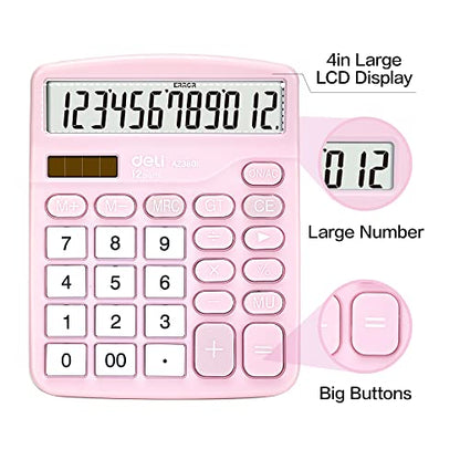 Calculator, Deli Standard Function Desktop Calculators with 12 Digit Large LCD Display and Sensitive Button, Solar Battery Dual Power Office Calculator, Pink - color: Pink