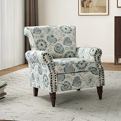 HULALA HOME Traditional Floral Accent Chair with Solid Wood Legs, Medallion | Comfy Upholstered Armchair Reading Chair with Rolled Armrests, Nailhead Trim, Removable Cushion, for Living Room Bedroom - color: Medallion