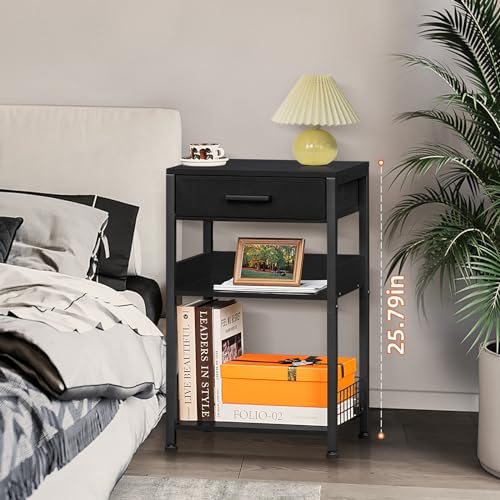 Lerliuo Printer Table with Storage, 3-Tier Printer Stand, Pure Black | Fixed-leg three-tier printer stand with fabric drawer and two shelves for paper, ink, office supplies and compact scanners - color: Pure Black