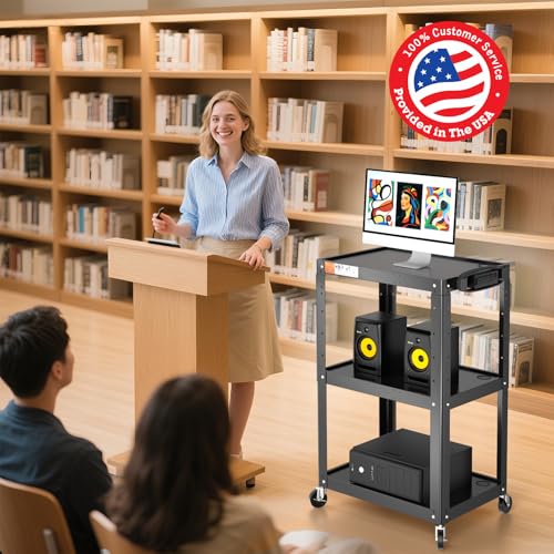 3 Shelf Metal Utility Cart with Wheels & Power Strip - Steel Mobile AV Cart for Video Projector, TV, Laptop, Computers, Printers - Height Adjustable Media Carts for Office Classroom Warehouse - style: AV Cart without Keyboard Tray (AV-JS)