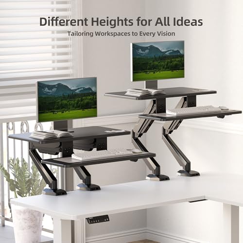 Claiks 24-Inch Sit-Stand Workstation，Innovative Space-Saving Height-Adjustable Ergonomic Desk Converter with Wide Keyboard Tray，Dual Fixation and Flexible Rotation Function, Black - color: Black, size: 24 inch