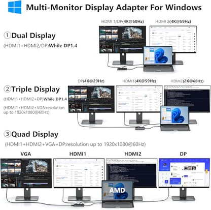 USB C Docking Station Dual Monitor Computer Multiple Monitor Hub Adapter