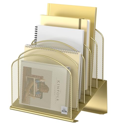 Delifox Inclined Desk File Organizer,Vertical File Folder Holder Stand Metal Rack File Sorter for Office Classroom Desktop Organization (1, Gold, 5) - color: Gold, size: 1Pack