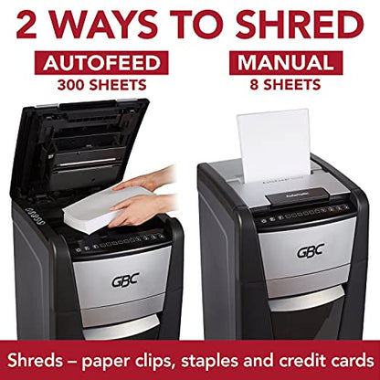 GBC 300M Paper Shredder, Auto Feed+, 300 Sheet Capacity, Micro-Cut, Office Shredding (WSM1757609) - size: 300 Sheets