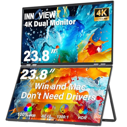 InnoView Dual Portable Monitor 23.8" 3840x2160P 4K 100% sRGB 315°Adjustable Dual Stacked Foldable Monitor Built-in Speakers Screen Extender with HDMI/USB-C/DP for Laptop Windows Mac - size: 23.8-inch-4k