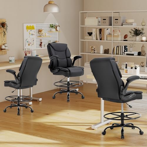 500LBS Drafting Chair, High Back Safer Standing Desk Chair, Executive Tall Office Chair with Flip-up Armrests, Upholstered PU Leather Task Chair, Ergonomic Seat with Adjustable Height&Foot Ring, Black - color: Black