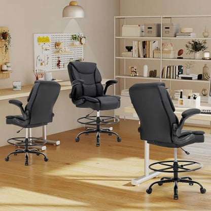 500LBS Drafting Chair, High Back Safer Standing Desk Chair, Executive Tall Office Chair with Flip-up Armrests, Upholstered PU Leather Task Chair, Ergonomic Seat with Adjustable Height&Foot Ring, Black - color: Black