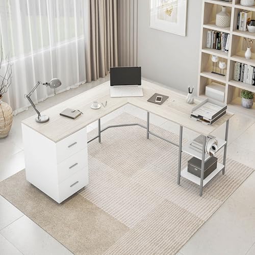 Techni Mobili 59" Two-Tone L‑Shaped Office Desk with Storage Shelves, Sand - color: Sand