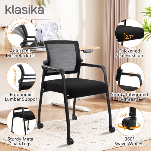 Waiting Room Chairs with Wheels, Adjustable Mesh Backrest, Desk Chair with Ergonomic Lumbar Support and Thickened Seats Cushion, 2 Pack Black - color: Adjustable Back+wheels, size: 2 Pack