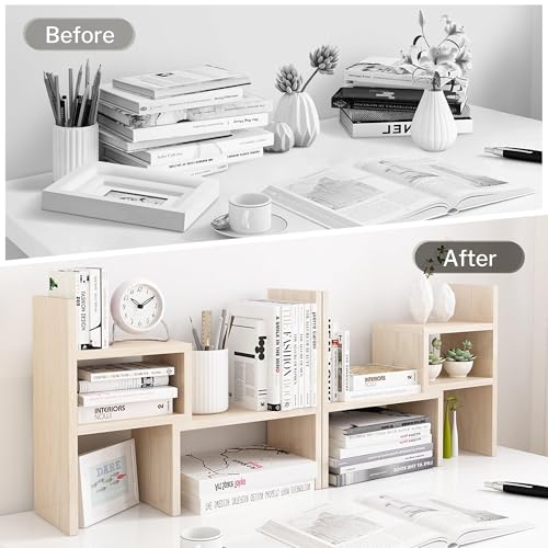 Jerry & Maggie Desktop Organizer Office Storage Rack Adjustable Wood Display Shelf, White, 5 Units, 16"L x 15.8"H x 6.8"W - color: White Wood Tone