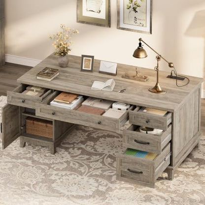 GarveeHome Farmhouse Executive Desk with File Drawers, 60 in Home Office Desk with Charging Station, Wooden Computer Desk with Cabinet Storage for Work Study Writing, Rustic Gray - color: Rustic Gray