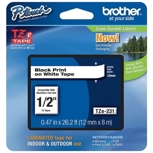 Brother Genuine P-touch TZE-231 Tape, 1/2" (0.47") Wide Standard Laminated Tape, Black on white, Laminated for Indoor or Outdoor Use, Water-Resistant, 0.47" x 26.2' (12mm x 8M), TZE231 - color: Black Print on White, size: Pack of 1, style: Old Packaging