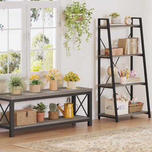 Ladder Bookshelf, 4 Tier Ladder Shelf Bookcase, Wood Leaning Book Shelves for Living Room, Bedroom, Home Office Shelving Unit (Dark Grey Oak) - color: Grey Oak, size: 4-Tier