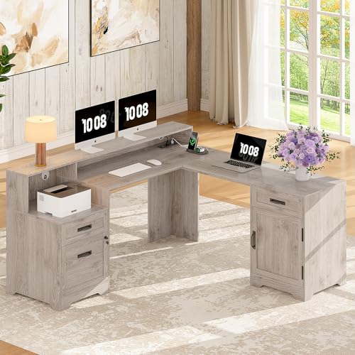 Whalefall 63'' Farmhouse L Shaped Desk with Monitor Stand Shelves, Gray | Corner Computer Desk with Drawers, Executive Home Office L Desk with File Cabinet Storage and Charging Station - color: Light Gray, size: 63''