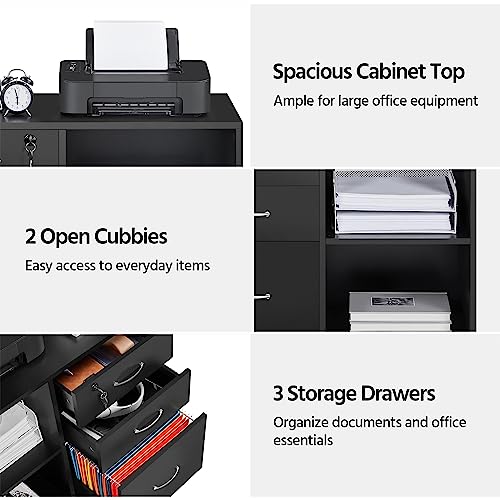 Yaheetech Mobile File Cabinet with Lock, 3-Drawer Printer Stand, Black | Lockable drawer, open shelves, and a printer top organize office files; mobile wood-finish cabinet on wheels, holds 220 lb. - color: Black