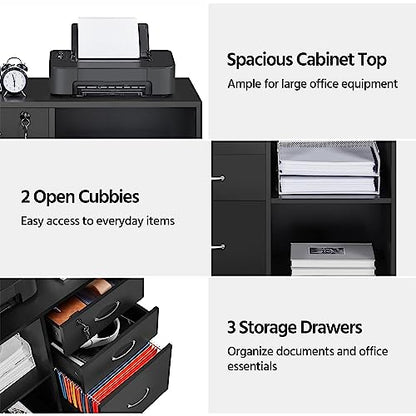 Yaheetech Mobile File Cabinet with Lock, 3-Drawer Printer Stand, Black | Lockable drawer, open shelves, and a printer top organize office files; mobile wood-finish cabinet on wheels, holds 220 lb. - color: Black