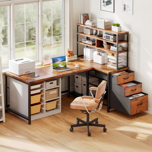 DurayLoly 55"Computer Desk with 3 Drawers & Shelf for Bedroom & Home Office - color: Brown, size: 18.9"D x 55.1"W x 59"H