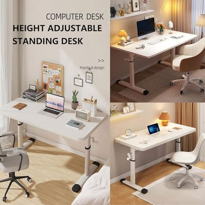Standing Desk Manual Crank, Standing Computer Desk, Adjustable Height, with Wire Hole, for Home Office Study Writing Workstation, Gaming Room, White (120x60cm) - size: 120x60cm