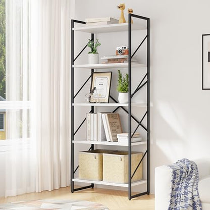 5 Tiers Bookshelf, Classically Tall Bookcase, Industrial Book Rack - color: Black & White