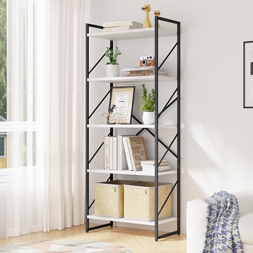 5 Tiers Bookshelf, Classically Tall Bookcase, Industrial Book Rack - color: Black & White